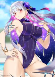 Rule 34 | 1girl, absurdres, bare shoulders, blue hair, blue one-piece swimsuit, blue sky, blush, body markings, bracelet, breasts, covered navel, earrings, fate/grand order, fate (series), flower, hair flower, hair ornament, hair ribbon, highleg, highleg swimsuit, highres, jewelry, kama (fate), kama (swimsuit avenger) (fate), kama (swimsuit avenger) (third ascension) (fate), large breasts, long hair, looking at viewer, lotus, multicolored hair, nail polish, one-piece swimsuit, pool, red eyes, ribbon, sideboob, silver hair, sky, solo, star (symbol), star earrings, swimsuit, thighs, two-tone hair, tyone