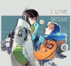 Rule 34 | 1boy, 1girl, apex legends, black hair, blonde hair, blue gloves, bodysuit, cable, closed eyes, copyright name, crypto (apex legends), facial scar, from side, gloves, hand in pocket, heart, highres, holding, holding stuffed toy, hood, hooded bodysuit, hooded jacket, jacket, nessie (respawn), object kiss, orange jacket, scar, scar on cheek, scar on face, sentinel ga koku ni aru, smile, speech bubble, spoken heart, stuffed toy, undercut, wattson (apex legends), white bodysuit, white jacket