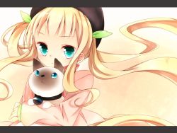 Rule 34 | 1girl, :&lt;, animal, aqua eyes, bad id, bad pixiv id, beret, black hat, blonde hair, blue eyes, brown hair, cat, coat, elle mel marta, expressionless, green eyes, hat, leeannpippisum, letterboxed, long hair, rollo (tales), tales of (series), tales of xillia, tales of xillia 2, twintails