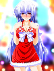 Rule 34 | 1girl, alternate costume, blue hair, blush, bow, breasts, christmas, cleavage, engo (aquawatery), female focus, full-face blush, fur trim, kamishirasawa keine, large breasts, long hair, red eyes, red skirt, skirt, smile, solo, touhou, very long hair