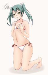 Rule 34 | 10s, 1girl, angry, bikini, blush, closed mouth, collarbone, covering privates, covering breasts, flat chest, full body, fuuma nagi, gluteal fold, grey hair, halterneck, kantai collection, kneeling, long hair, looking at viewer, navel, panties, side-tie panties, simple background, solo, squiggle, string bikini, swimsuit, twintails, underwear, white background, yellow eyes, zuikaku (kancolle)