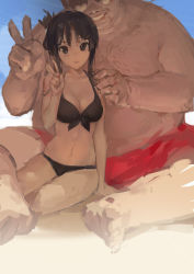 Rule 34 | 1boy, 1girl, akiyama mio, arm support, bad id, bad pixiv id, beach, bikini, black bikini, black eyes, black hair, breasts, cleavage, fat, fat man, front-tie top, hand on another&#039;s shoulder, hjl, k-on!, large breasts, long hair, looking at viewer, size difference, swimsuit, ugly man, v