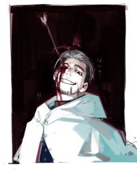 Rule 34 | 1boy, arrow (projectile), arrow in body, arrow in head, blood, blood on face, bloody tears, cape, golden kamuy, hair slicked back, hair strand, highres, looking at viewer, mgchan922761, military, military uniform, object through head, ogata hyakunosuke, red background, smile, uniform, white cape