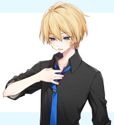 Rule 34 | 1boy, adjusting clothes, adjusting necktie, black shirt, blonde hair, blue eyes, blue necktie, collared shirt, hair between eyes, highres, holostars, kishido temma, letterboxed, looking down, male focus, necktie, nekonoyuto, open collar, shirt, short hair, simple background, sleeves rolled up, solo, sweatdrop, tie clip, tongue, tongue out, upper body, virtual youtuber, white background
