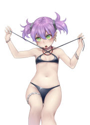 Rule 34 | 1girl, bikini, blush, bracelet, earrings, feeno, flat chest, green eyes, highres, jewelry, nail polish, navel, necklace, open mouth, original, pointy ears, purple hair, ring, simple background, solo, swimsuit, tongue, twintails