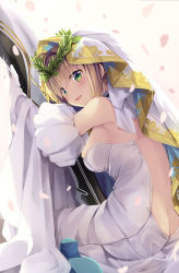 Rule 34 | 10s, 1girl, ahoge, ass, backless dress, backless outfit, bare shoulders, blonde hair, breasts, bridal veil, butt crack, detached sleeves, dress, elbow gloves, fate/extra, fate/extra ccc, fate (series), from behind, gloves, green eyes, hair intakes, looking at viewer, medium breasts, natsume eri, nero claudius (bride) (fate), nero claudius (bride) (third ascension) (fate), nero claudius (fate), nero claudius (fate) (all), open mouth, sitting, solo, veil, white dress