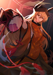 Rule 34 | 1girl, arong, aura, blonde hair, commentary request, constellation print, detached sleeves, drum, dutch angle, gradient background, green skirt, hat, instrument, long hair, matara okina, multicolored background, outstretched arm, parted lips, red eyes, shirt, skirt, tabard, tassel, touhou, tsurime, tsuzumi, white shirt, wide sleeves