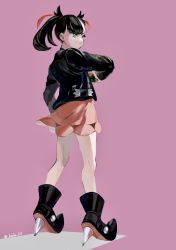 Rule 34 | 1girl, ankle boots, asymmetrical bangs, black footwear, black hair, black jacket, boots, closed mouth, commentary request, creatures (company), dress, dusk ball, full body, game freak, green eyes, hair ribbon, highres, holding, holding poke ball, jacket, kneepits, koala 0l, marnie (pokemon), nintendo, pink dress, poke ball, pokemon, pokemon swsh, red ribbon, ribbon, solo, standing