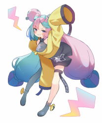 Rule 34 | absurdres, aqua hair, bow-shaped hair, character hair ornament, creatures (company), game freak, grey footwear, grey pantyhose, hair ornament, hexagon print, highres, iono (pokemon), jacket, koushin ryo, long hair, low-tied long hair, multicolored hair, nintendo, oversized clothes, pantyhose, pink eyes, pink hair, pokemon, pokemon sv, sharp teeth, shirt, single leg pantyhose, sleeveless, sleeveless shirt, sleeves past fingers, sleeves past wrists, split-color hair, teeth, twintails, two-tone hair, very long hair, very long sleeves, x, yellow jacket