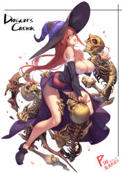 Rule 34 | 1girl, absurdres, bare shoulders, breasts, brown eyes, brown hair, cleavage, collarbone, dated, detached sleeves, dragon&#039;s crown, english text, engrish text, glasses, hat, highres, large breasts, long hair, looking at viewer, ranguage, sash, shoes, signature, simple background, skeleton, solo, sorceress (dragon&#039;s crown), splish, sweat, thighs, very long hair, white background, witch hat