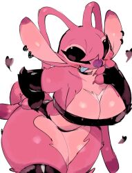 Rule 34 | 1girl, alien, angel (lilo &amp; stitch), antennae, black eyes, blue tongue, breasts, cleavage, colored tongue, ear piercing, furry, furry female, large breasts, lilo &amp; stitch, long ears, looking at viewer, midriff, piercing, pink fur, seductive smile, smile, solo, thick thighs, thighhighs, thighs, tongue, tongue out, two-tone fur, usa37107692, wide hips