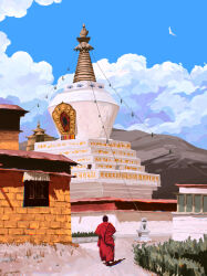Rule 34 | 1boy, absurdres, bird, blue sky, buddhism, building, cloud, day, fangpeii, from behind, highres, house, male focus, monk, original, outdoors, procreate (medium), red robe, robe, scenery, sky, solo, statue, temple, walking