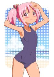 Rule 34 | 10s, 1girl, bad id, bad pixiv id, flat chest, gradient background, kaname madoka, mahou shoujo madoka magica, mahou shoujo madoka magica (anime), one-piece swimsuit, pink eyes, pink hair, polka dot, polka dot background, qm, school swimsuit, short hair, solo, standing, swimsuit, tan, twintails