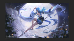 Rule 34 | backless dress, backless outfit, bare legs, bare shoulders, barefoot, blue dress, blue hair, closed mouth, dress, dutch angle, flower, full moon, highres, leg up, long kui, medium hair, moon, realistic, ripples, standing, standing on liquid, star (sky), white flower, xianjian qixia zhuan, yiqian zhang