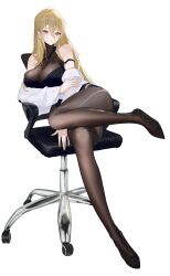 Rule 34 | 1girl, absurdres, azur lane, bare shoulders, black footwear, black pantyhose, blonde hair, blush, breasts, chair, cleavage, crossed legs, full body, hair between eyes, high heels, highres, implacable (azur lane), implacable (shepherd of the &quot;lost&quot;) (azur lane), jewelry, large breasts, legs, long hair, long sleeves, looking at viewer, mole, mole under eye, orange eyes, pantyhose, parted lips, red eyes, shoes, simple background, sitting, solo, thighs, user vzzn2855, white background, yellow eyes