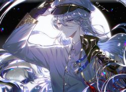 Rule 34 | 1boy, absurdres, bishounen, cael anselm, grey hair, hat, highres, lens flare, long hair, looking at viewer, lovebrush chronicles, male focus, military, military hat, military uniform, purple eyes, solo, uniform, very long hair, white hair, white hat, zhumojian
