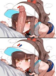 1boy 1girl cum cum_in_mouth ebora fate/extra fate/grand_order fate_(series) fellatio kishinami_hakuno_(female) large_penis oral penis penis_on_face visor_cap yellow_eyes