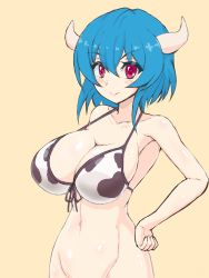 Rule 34 | 1girl, animal print, bikini, blue hair, blush, breasts, cleavage, closed mouth, collarbone, cow girl, cow horns, cow print, cow print bikini, eyebrows hidden by hair, highres, horns, jashin-chan dropkick, large breasts, looking at viewer, minos (jashin-chan dropkick), navel, print bikini, red eyes, shiny skin, short hair, solo, swimsuit, upper body