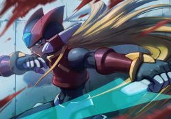 Rule 34 | 1boy, absurdres, android, blonde hair, blood, capcom, commentary request, energy blade, energy sword, helmet, highres, holding, holding weapon, hoshi mikan, long hair, male focus, mega man (series), mega man zero (series), robot, serious, solo, sword, weapon, zero(z) (mega man), zero (mega man)