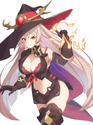 Rule 34 | 1girl, bare shoulders, black dress, black gloves, black hat, black sleeves, black thighhighs, breasts, brown hair, cape, cleavage, closed mouth, commentary request, detached sleeves, dress, fang, fang out, fire, gloves, hair between eyes, hat, long hair, long sleeves, looking at viewer, magic, medium breasts, nijisanji, nui sociere, nui sociere (1st costume), purple cape, red cape, simple background, smile, solo, thighhighs, torn clothes, torn hat, very long hair, virtual youtuber, white background, witch hat, yellow eyes, yukichin
