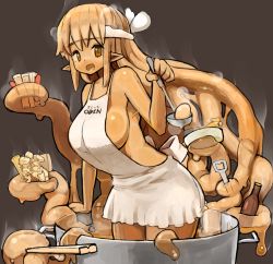Rule 34 | 1girl, apron, bottle, bottle opener, breasts, brown hair, chikuwa, chopsticks, clothes writing, colored skin, commentary, cooking, cowboy shot, dark-skinned female, dark skin, dripping, egg, food, food request, headband, highres, in container, in food, ladle, large breasts, leaning forward, long hair, looking at viewer, matching hair/eyes, monster girl, naked apron, nijitama shiyushiyu, oden, open mouth, orange eyes, orange hair, orange skin, original, personification, pointy ears, pot, prehensile hair, sausage, sideboob, sidelocks, simple background, slime girl, solo, standing, steam, tentacle hair, tentacles, very long hair