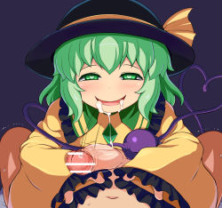 Rule 34 | 1boy, 1girl, after fellatio, aftersex, bar censor, blush, bouncing penis, censored, cum, cum in mouth, cum string, dark background, dress, fellatio, frilled sleeves, frills, green eyes, green hair, grin, hat, hat ribbon, heart, heart-shaped pupils, kasose, komeiji koishi, licking, looking at viewer, naughty face, navel, open mouth, oral, penis, pov, purple background, ribbon, saliva, smile, symbol-shaped pupils, touhou, trembling, twitching, twitching penis