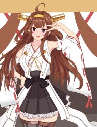 Rule 34 | 1girl, :d, ahoge, bad id, bad twitter id, bare shoulders, black skirt, boots, brown hair, double bun, hair bun, headgear, highres, inactive account, kantai collection, kongou (kancolle), kongou kai ni (kancolle), long hair, looking at viewer, maruhi (neetkaguya1), nontraditional miko, open mouth, pleated skirt, purple eyes, skirt, smile, solo, thigh boots, thighhighs, third-party source, v