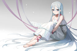 Rule 34 | 1girl, absurdly long hair, bare arms, barefoot, blue eyes, closed mouth, collarbone, dot nose, dress, feet, full body, gradient background, grey background, grey hair, hair between eyes, hair strand, knees up, legs together, light blush, light smile, long dress, long hair, looking to the side, neck ribbon, on floor, petals, pink ribbon, project sekai, qi&#039;e (penguin), ribbon, shadow, sidelocks, simple background, sitting, solo, spaghetti strap, straight hair, tsurime, very long hair, white background, white dress, yoisaki kanade