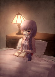 Rule 34 | 1girl, alternate hairstyle, arinu, bed, bespectacled, blanket, book, braid, coat, dress, glasses, lamp, long hair, open book, open clothes, open coat, patchouli knowledge, pillow, purple eyes, purple hair, reading, single braid, solo, striped clothes, striped dress, touhou, very long hair