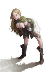 Rule 34 | 1girl, :/, belt, bent over, blonde hair, blue eyes, boots, breasts, brooch, cape, cleavage, cloak, closed mouth, cross-laced clothes, dongho kang, gloves, green cape, hanging breasts, high heels, jewelry, knees, large breasts, leather, leather boots, leather gloves, legs, long hair, looking at viewer, no bra, original, shadow, skirt, solo, white background, white skirt