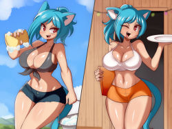 Rule 34 | 1girl, :d, animal ears, bikini, blue eyes, breasts, bucket, cat ears, cat girl, cat tail, cleavage, commentary, cowboy shot, day, denim, denim shorts, english commentary, fang, front-tie bikini top, front-tie top, grey bikini, highres, holding, holding bucket, holding sponge, hooters, humanization, large breasts, lucyfer, midriff, narrow waist, nicole watterson, open mouth, orange shorts, outdoors, red eyes, short shorts, shorts, smile, sponge, swimsuit, tail, the amazing world of gumball, washing vehicle