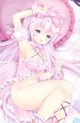 Rule 34 | 1girl, animal ears, arm up, ass, babydoll, bare shoulders, bed sheet, bottomless, bow, breasts, cat ears, cat girl, cat tail, cleavage, commentary request, criss-cross halter, detached sleeves, fingernails, frilled pillow, frills, hair between eyes, hair bow, halterneck, himemiya niina, leg ribbon, long hair, lying, medium breasts, nail polish, navel, on side, original, pillow, pink babydoll, pink bow, pink hair, pink nails, puffy short sleeves, puffy sleeves, purple eyes, red ribbon, ribbon, short sleeves, solo, tail, thighs, very long hair, wrist cuffs