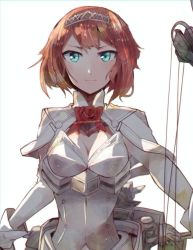 Rule 34 | 10s, 1girl, aqua eyes, ark royal (kancolle), bad id, bad twitter id, bob cut, bow (weapon), breasts, cleavage, compound bow, hairband, itomugi-kun, kantai collection, looking at viewer, machinery, red hair, ribbon, simple background, small breasts, smile, solo, tiara, weapon, white background