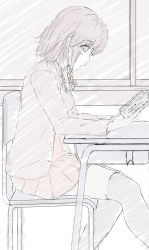 Rule 34 | 1girl, 7 calpis 7, :o, blazer, blush, book, bow, bowtie, braid, breasts, desk, greyscale, hair between eyes, hair bow, highres, holding, holding book, indoors, jacket, long sleeves, looking at viewer, looking to the side, monochrome, open book, open clothes, open jacket, original, parted lips, pleated skirt, school desk, school uniform, sidelocks, single braid, sitting, skirt, small breasts, solo, sweater vest, thighhighs, translation request, window