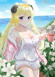 Rule 34 | 1girl, ahoge, animal ears, blonde hair, blue sky, blush, braid, breasts, bush, camisole, cleavage, closed mouth, cloud, collarbone, curled horns, dragon, flower, fur-trimmed sweater, fur trim, garden, hair ornament, hairclip, highres, hololive, horns, house, large breasts, long hair, ocean, outdoors, pink sweater, polka dot, polka dot shirt, polka dot shorts, purple eyes, sheep ears, sheep girl, sheep horns, shibakarezduc3372, shirt, short shorts, shorts, sky, smile, solo, strap slip, sweater, tsunomaki watame, virtual youtuber, white flower