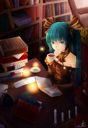 Rule 34 | 1girl, absurdres, bad id, bad pixiv id, black dress, blue eyes, blue hair, book, coffee, collarbone, detached sleeves, dress, feathers, hair ribbon, hatsune miku, highres, holding, holding book, indoors, liuli, llc, long hair, looking at viewer, matching hair/eyes, open book, reading, ribbon, sitting, smile, solo, striped ribbon, twintails, vocaloid, white feathers