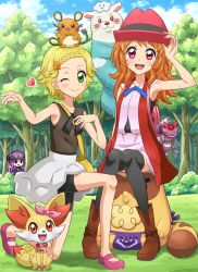 Rule 34 | 3girls, :d, ;), adjusting clothes, adjusting headwear, aged up, aikatsu!, aikatsu! (series), animal, animal on head, animal on shoulder, armpits, aura, backpack, bag, bare shoulders, bike shorts, black legwear, blazer, blonde hair, blue ribbon, blue sky, blunt bangs, blush, blush stickers, bonnie (pokemon), bonnie (pokemon) (cosplay), boots, bow, braid, breasts, clothed pokemon, cloud, coat, convenient leg, cosplay, creatures (company), day, dedenne, fangs, fennekin, forest, french braid, game freak, gen 5 pokemon, gen 6 pokemon, genesect, gloves, glowing, green eyes, grey skirt, hair bow, hair ornament, hand on own chest, handbag, hat, heart, highres, hikami sumire, jacket, kneeling, knees together feet apart, legendary pokemon, light smile, loincloth, long hair, looking at viewer, mary janes, multiple girls, mythical pokemon, nature, nintendo, on head, on one knee, one eye closed, ozora akari, open clothes, open coat, open mouth, outdoors, outstretched arm, pink eyes, pokemoa, pokemon, pokemon (anime), pokemon (creature), pokemon on head, purple eyes, purple hair, ribbon, serena (pokemon), serena (pokemon) (cosplay), shinjo hinaki, shoes, short hair, sitting, sitting on head, sitting on person, skirt, skirt set, sky, sleeveless, small breasts, smile, star (symbol), star hair ornament, tail, tail ornament, thighhighs, wavy hair, wink, wrist cuffs