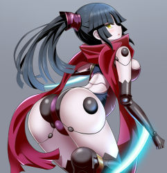 Rule 34 | 1girl, absurdres, android, arched back, ass, black hair, blunt bangs, blush, breasts, fate/grand order, fate (series), from behind, grey background, highres, joints, katou danzou (fate), leotard, long hair, looking at viewer, looking back, medium breasts, parted bangs, parted lips, ponytail, robot joints, sekai saisoku no panda, sideboob, sidelocks, simple background, solo, thighs, yellow eyes