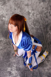 Rule 34 | 1girl, arm support, asian, cosplay, dead or alive, indoors, kasumi (doa), kasumi (doa) (cosplay), kneeling, leaning forward, long hair, looking at viewer, mizuhara arisa, pantyhose, pelvic curtain, photo (medium), ponytail, solo, sword, tagme, tecmo, thighhighs, thighhighs over pantyhose, wakizashi, weapon, white thighhighs