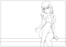 Rule 34 | 00s, 1girl, barefoot, bottomless, breasts, female focus, foreshortening, greyscale, ken-1, misaka mikoto, monochrome, no bra, open clothes, open shirt, pointing, shirt, short hair, simple background, sitting, smile, solo, toaru majutsu no index, white background