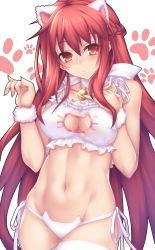 Rule 34 | 1girl, animal ears, animal hands, bare shoulders, bell, black bra, blush, bra, breasts, cat ears, cat lingerie, cat paws, cleavage, cleavage cutout, clothing cutout, elesis (elsword), elsword, fi-san, grand master (elsword), highres, jingle bell, large breasts, long hair, looking at viewer, meme attire, navel, panties, parted lips, paw print, red eyes, red hair, side-tie panties, solo, standing, thighhighs, transparent background, underwear, very long hair, white background, white bra, white panties, white thighhighs