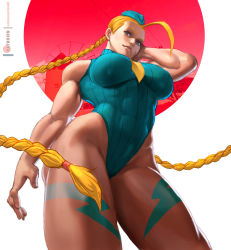 Rule 34 | 1girl, ahoge, alternate breast size, arm behind head, between breasts, blonde hair, blue eyes, blue hat, blue leotard, blush, bodypaint, braid, breasts, cammy white, camouflage, capcom, contrapposto, covered abs, covered navel, cowboy shot, facial scar, from below, garrison cap, hat, highleg, highleg leotard, huge ahoge, large breasts, leotard, lips, long braid, long hair, looking at viewer, muscular, muscular female, necktie, necktie between breasts, nose, rejean dubois, ribbed leotard, rising sun flag, scar, scar on cheek, scar on face, sleeveless, solo, standing, street fighter, street fighter zero (series), sunburst, thick thighs, thighs, twin braids, very long hair, yellow necktie