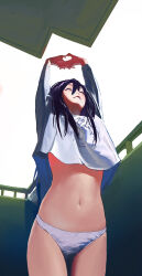Rule 34 | 1girl, absurdres, arms up, balcony, black hair, closed eyes, crop top, from below, highres, long hair, messy hair, morning, navel, no pants, original, panties, shirt, solo, some1else45, standing, stomach, stretching, underwear, white shirt
