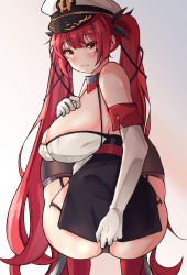 Rule 34 | 1girl, absurdres, ass, azur lane, black ribbon, black thighhighs, blush, breasts, cleavage, closed mouth, elbow gloves, gloves, hair ribbon, hat, hido (cherryhido), highres, honolulu (azur lane), large breasts, long hair, panties, red eyes, red hair, ribbon, solo, squatting, sweat, thighhighs, twintails, underwear, very long hair