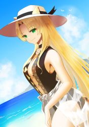 Rule 34 | 1girl, absurdres, animal ears, arknights, bare shoulders, beach, black one-piece swimsuit, blonde hair, blue sky, breasts, casual one-piece swimsuit, center opening, cleavage, clothes around waist, cloud, cloudy sky, cowboy shot, day, dutch angle, ears through headwear, green eyes, hat, highres, large breasts, long hair, looking at viewer, nnicoinu, ocean, one-piece swimsuit, outdoors, see-through, shirt, shirt around waist, sideboob, sky, smile, solo, swimsuit, swire (arknights), tail, thighs, tiger ears, tiger girl, tiger tail, very long hair, white hat, white shirt
