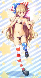 Rule 34 | 1girl, american flag legwear, black bra, black footwear, black panties, blonde hair, blue bow, blue thighhighs, bow, bra, chima q, clownpiece, fairy wings, flat chest, full body, hair bow, highres, long hair, looking down, panties, red bow, red eyes, red thighhighs, shoes, side-tie panties, solo, squiggle, standing, standing on one leg, star (symbol), star print, stomach, striped background, striped clothes, striped thighhighs, thighhighs, touhou, transparent wings, underwear, underwear only, very long hair, wavy hair, wings