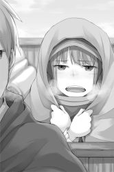 Rule 34 | 1boy, 1girl, ayakura juu, craft lawrence, fangs, greyscale, holo, hood, looking at viewer, monochrome, novel illustration, official art, open mouth, outdoors, spice and wolf, upper body