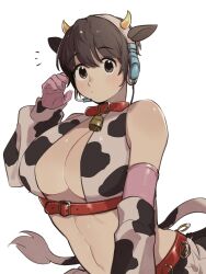 Rule 34 | animal ears, animal print, artist request, bell, blush, breasts, brown eyes, brown hair, cleavage, cow print, cow tail, cowboy shot, elbow gloves, fake animal ears, fake horns, gloves, head, headphones, highres, horns, idolmaster, idolmaster cinderella girls, large breasts, looking at viewer, midriff, navel, oikawa shizuku, short hair, simple background, tail