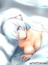 Rule 34 | 1girl, anastasia (fate), bad id, bad pixiv id, blue eyes, breasts, fate/grand order, fate (series), hair over one eye, hairband, kimura shuuichi, long hair, lying, nude, on side, pillow, silver hair, solo, twitter username, under covers