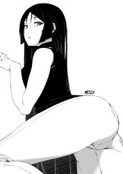 Rule 34 | 1girl, ass, bare shoulders, black hair, casual, denim, fate/grand order, fate (series), greyscale, highres, huge ass, jeans, jjune, long hair, looking at viewer, minamoto no raikou (fate), monochrome, pants, simple background, sleeveless, solo, thick thighs, thighs, very long hair, white background
